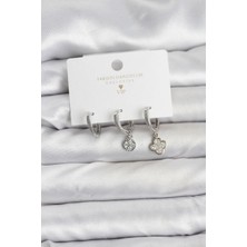 Prativas Pirinç Gümüş Renk Yonca Model 3lü Kadın Küpe Seti – PRT3500EB09692