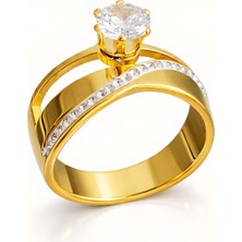 Formzen 316L Paslanmaz Çelik Kararmaz Çift Bantlı Yüzük - Işıltılı Zirkon Taşlı Modern Tasarım