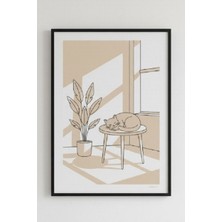 Safir Design Minimalist Huzur Pencere Önünde Uyuyan Kedi Çerçeveli Tablo