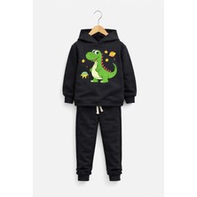 Siyah Dinozor Baskılı Erkek Çocuk Eşofman Takımı