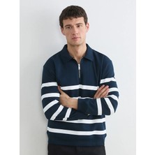 LC Waikiki Lacivert Polo Yaka Çizgili Erkek Kalın Sweatshirt