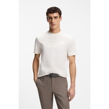 Boss Erkek Normal Kesim Yuvarlak Yakalı Dokulu Logo Detaylı Yumuşak Pamuklu Kısa Kollu Ekru T-Shirt 50555843-118