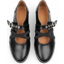 Ne&Ve Shoes Siyah Rugan Çapraz Lastikli Tokalı Kadın Günlük Şık ve Rahat Babet