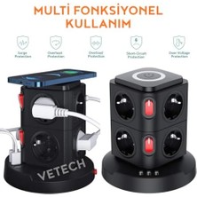 Akım Korumalı Priz Kule Tipi Kablosuz Şarj Istasyonu, 8 Priz, 2 Type-C, 1 USB Girişli, 2mt Kablo