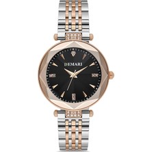 DEMARİ Demari Kadın Kol Saati Quartz Mekanizma, Gümüş & Rose Çelik Kordon, Taş Detaylı Siyah Kadran DM-00104L-R2