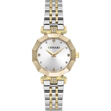 DEMARİ Demari Kadın Kol Saati Quartz Mekanizma, Gold & Gümüş Çelik Kordon, Taş Detaylı Gümüş Kadran, Çokgen Kasa DM-00103L-D1