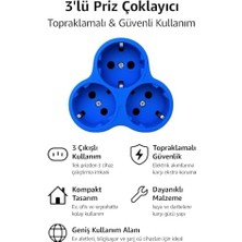 Topraklı Priz Çoklayıcı Fiş, 3'lü, Mavi, 16A 250V, Maksimum 3600W