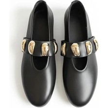 Ne&Ve Shoes Siyah Hakiki Deri Gold Aksesuar Detaylı Lastikli Kadın Şık ve Rahat Babet