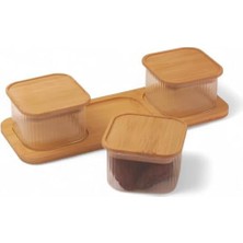 3'lü Bambu Kapaklı Cam Kahvaltılık ve Kuruyemişlik, 7 Parça Tepsili Kahvaltı ve Çerezlik Seti, Vakumlu Kapak