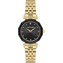 DEMARİ Demari Kadın Kol Saati Quartz Mekanizma, Gold Çelik Kordon, Taş Detaylı Siyah Kadran, Çokgen Kasa DM-00103L-B2