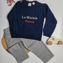 Moda Rüyası Paris Yazı Baskılı Lacivert Kazaklı Erkek Çocuk Alt Üst Takım