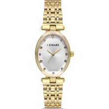 DEMARİ Demari Kadın Kol Saati Quartz Mekanizma, Gold Çelik Kordon, Taş Detaylı Gümüş Kadran, Oval Kasa DM-00105L-B1