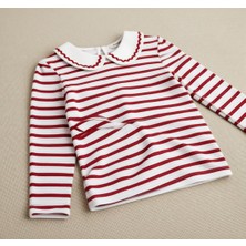 Panço Kız Çocuk Uzun Kol Kırmızı Beyaz Bebe Yakalı Tişört Pamuklu Günlük Stil Regular Fit