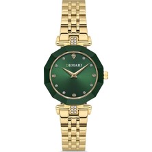 DEMARİ Demari Kadın Kol Saati Quartz Mekanizma, Gold Çelik Kordon, Taş Detaylı Yeşil Kadran, Çokgen Kasa DM-00103L-B10