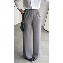 Asfa Moda Kadın Gri Yüksek Bel Pileli Jakarlı Pantolon Bol Paça Şık Ofis Palazzo