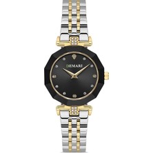 DEMARİ Demari Kadın Kol Saati Quartz Mekanizma, Gold & Gümüş Çelik Kordon, Taş Detaylı Siyah Kadran, Çokgen Kasa DM-00103L-D2
