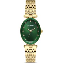 DEMARİ Demari Kadın Kol Saati Quartz Mekanizma, Gold Çelik Kordon, Taş Detaylı Yeşil Kadran, Oval Kasa DM-00105L-B10