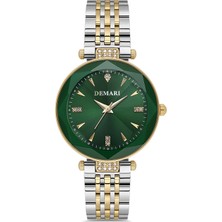 DEMARİ Demari Kadın Kol Saati Quartz Mekanizma, Gümüş & Gold Çelik Kordon, Taş Detaylı Yeşil Kadran DM-00104L-D10