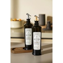 Siyah Italyan Cam 750 ml 2'li Yağdanlık Seti - Ahşap Standlı -Damlatmaz Kapaklı Zeytinyağı Sıvıyağ