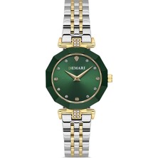 DEMARİ Demari Kadın Kol Saati Quartz Mekanizma, Gold & Gümüş Çelik Kordon, Taş Detaylı Yeşil Kadran, Çokgen Kasa DM-00103L-D10