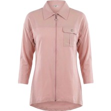 Tığ Triko Kadın Fermuarlı ve Cepli Gömlek Tunik - Pudra Pembe