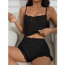 Gazaniga Kadın Siyah Askılı Dantelli Detaylı Gecelik Pijama Şort Takımı Royal