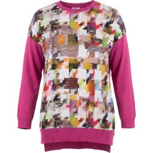 Tığ Triko Kadın Sıfır Yaka Şifon Detaylı Tunik - Fuşya