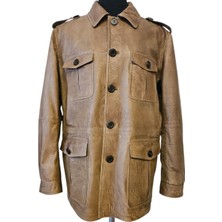 Asus Deri - Maine - Hakiki Deri Erkek Bej Rengi Düğmeli Ceket