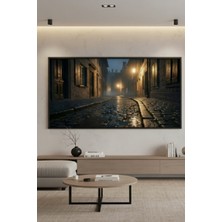 Safir Design Sokak Lambası Işığında Islak Sokak Manzaralı Şık Çerçeveli Tablo