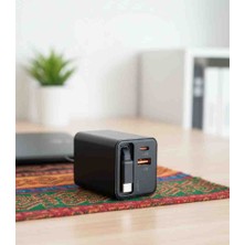 ​wopu Gan 65W Ultra Hızlı Şarj Cihazı - 3 Girişli (Dahili Kablo + Usb-C + Usb-A)