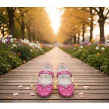 Rexba Fuşya Kız Çocuk  Deri Fiyonk Detaylı Taşlı Babet Kız Çocuk Okul ve Günlük Ayakkabı