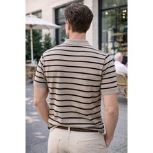 We&Me Erkek Çizgili Ince Triko Polo Yaka Yarım Fermuarlı Kısa Kollu Şık Günlük Kazak
