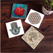 Nexa Yaşam Çiçeği, Hayat Ağacı, Nar, Fatma Ana Eli Taş Bardak Altlığı Seti - 4 Parça - Dekoratif, Rustik Mutfak Aksesuarı, 10X10 Cm, Kaydırmaz Tabanlı, Şık ve Dayanıklı SC152