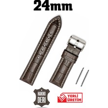 Saatse 24MM Kahverengi Kroko Beyaz Dikişli Hakiki Deri Saat Kordonu Kayış