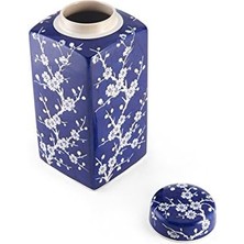 Nexa Bombay Kiraz Çiçeği Kapaklı Seramik Kavanoz, 13 cm x 30 Cm, Mavi/beyaz
