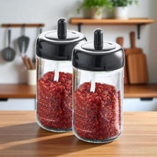 Nexa 2'li Cam Baharatlık Seti, Kendinden Kaşıklı, Kaşıklı Kapak, 300ML, 2 Adet, 14CM Yükseklik