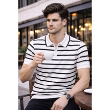 We&Me Erkek Çizgili Ince Triko Polo Yaka Yarım Fermuarlı Kısa Kollu Şık Günlük Kazak