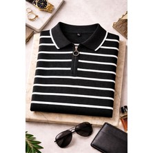 We&Me Erkek Çizgili Ince Triko Polo Yaka Yarım Fermuarlı Kısa Kollu Şık Günlük Kazak