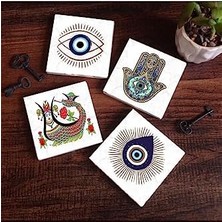 Nexa Nazar, Şahmeran, Fatma Ana Eli Taş Bardak Altlığı Seti - 4 Parça - Dekoratif, Rustik Mutfak Aksesuarı, 10X10 Cm, Kaydırmaz Tabanlı, Şık ve Dayanıklı SC404