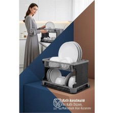 Nuveden Ieg™ 2 Katlı Rattan Dokulu Lüks Bulaşıklık - Kirli Beyaz & Siyah Modern Düzenleyici