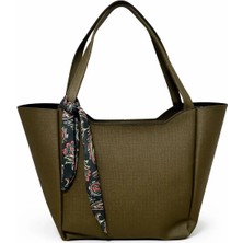 Livayssçanta Kadın Fularlı Fermuarlı Haki Yeşil Vizon Shopper El ve Omuz Çantası