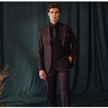 İlayda Emir Slim Fit, Blazer, Çizgili, Kırlangıç Yaka, Yelekli, Bordo Takım Elbise