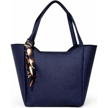 Livayss Çanta Kadın Fularlı Fermuarlı Lacivert Vizon Shopper El ve Omuz Çantası