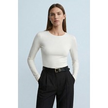 Qaju Kadın Uzun Kollu Bisiklet Yaka Basic Bluz -Ekru