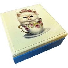Uretti - Hülya 6683 5607 El Yapımı Nostaljik Retro Kedi Baskılı Kare Ahşap Dekoratif Saklama / Takı Kutusu