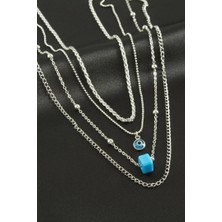 Zero Land Matrixzn Nazar Cam Boncuk Dörtlü Kolye - Gümüş Rengi