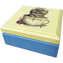 Uretti - Hülya 6683 1487 El Yapımı Nostaljik Retro Kedi Baskılı Kare Ahşap Dekoratif Saklama / Takı Kutusu