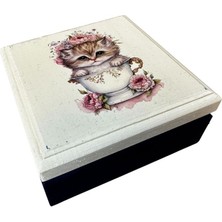 Uretti - Hülya 6683 7739 El Yapımı Nostaljik Retro Kedi Baskılı Kare Ahşap Dekoratif Saklama / Takı Kutusu