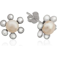 Fm Gümüş Inci Çiçek Çivili Küpe