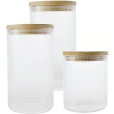 Liora 3'lü Cam Kavanoz Seti, Bambu Kapaklı, 20CM 15CM 10CM, Şeffaf Cam Gövde, Dekoratif Saklama Kabı